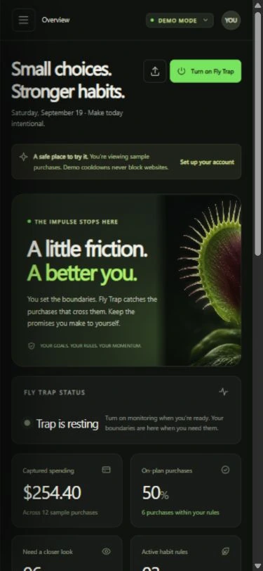 The same Fly Trap dashboard in its narrow, compact layout, with demo data