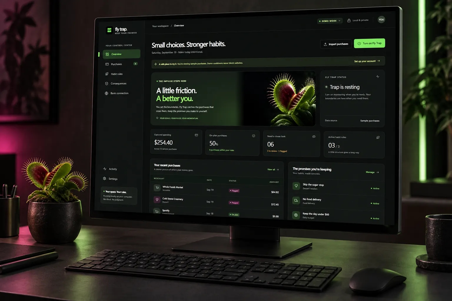 A desktop monitor on a dark desk showing the Fly Trap dashboard, with a small potted Venus flytrap beside it